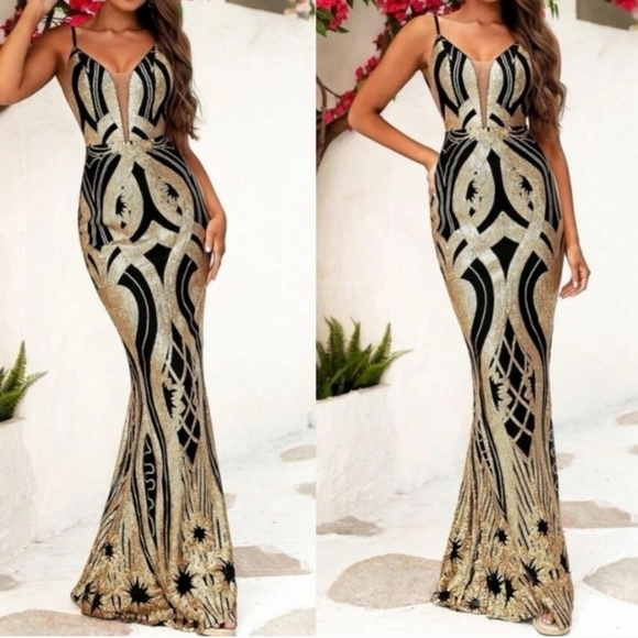 Multicolor Floral All Over Print, Cami, Sequined Formal Maxi Gown - Picture 4 of 16